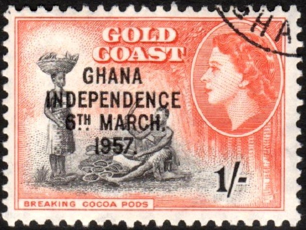 Ghana Independence overprint on Gold Coast 1s stamp 1957.jpg